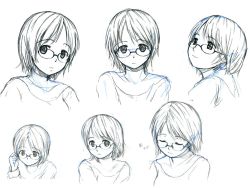 Rule 34 | 1girl, glasses, greyscale, monochrome, multiple views, ooshiro youkou, original, short hair, simple background, sketch