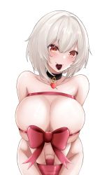 Rule 34 | 1girl, areola slip, azur lane, black choker, bow, breasts, candy, chocolate, chocolate heart, choker, cleavage, food, heart, heart necklace, highres, huge breasts, looking at viewer, mouth hold, naked ribbon, necklace, orange eyes, red bow, red ribbon, ribbon, short hair, simple background, sirius (azur lane), solo, standing, valentine, vik (xypt7474), white background, white hair