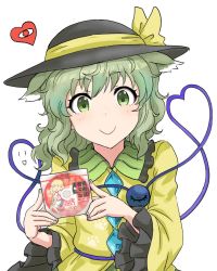 Rule 34 | 1girl, black hat, blouse, closed mouth, commentary request, ebisu eika, eyeball, goto tsukasa, hat, heart, heart of string, holding cd, komeiji koishi, looking at viewer, meta, shirt, simple background, smile, solo, third eye, touhou, wavy hair, white background, wily beast and weakest creature, yellow shirt