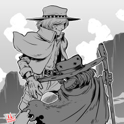 Rule 34 | 1970s (style), 2boys, belt, bullet hole, cane, cloak, cloud, commentary request, concealed weapon, cowboy hat, cowboy western, dated, desert, glasses, gloves, grin, gun frontier (western), harlock, hat, highres, holster, hood, hooded cloak, matsumoto leiji (style), monochrome, multiple boys, official style, oldschool, ooyama toshiro, retro artstyle, sai kaname, scar, scar on face, shikomizue, signature, size difference, smile, smirk, sword, weapon