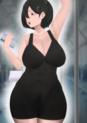 Rule 34 | 1girl, armpits, black hair, breasts, cleavage, highres, holding, holding phone, large breasts, lipstick, makeup, original, phone, red eyes, satyam ssj10, see-through, standing, thick thighs, thighs, wide hips