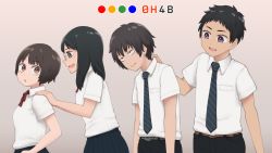 Rule 34 | 2boys, 2girls, belt, black hair, black neckwear, black pants, bow, bowtie, breast pocket, brown eyes, brown hair, collared shirt, diagonal-striped bow, diagonal-striped bowtie, diagonal-striped clothes, diagonal-striped necktie, glasses, green eyes, grey background, hand on another&#039;s shoulder, height chart, height difference, long hair, multiple boys, multiple girls, necktie, original, pants, pocket, profile, purple eyes, red bow, red bowtie, shirt, shirt tucked in, short hair, short sleeves, striped bow, striped bowtie, striped clothes, striped neckwear, upper body, white shirt, yajirushi (chanoma)