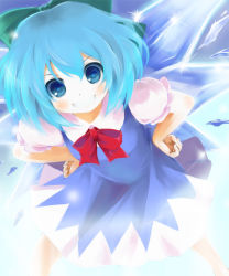 Rule 34 | 1girl, blue eyes, blue hair, bow, cirno, grin, hair bow, hands on own hips, leaning forward, looking at viewer, matching hair/eyes, short hair, smile, solo, touhou, touhou hisoutensoku, wara (warapro), wings