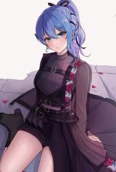 Rule 34 | 1girl, absurdres, asymmetrical sleeves, barbell piercing, belt, black belt, black nails, black shirt, black shorts, black skirt, blue eyes, blue hair, chest harness, ear piercing, floral print, harness, high ponytail, highres, hololive, hoshimachi suisei, hoshimachi suisei (shout in crisis), kato yuurina, long hair, long sleeves, looking at viewer, mismatched sleeves, multiple belts, official alternate costume, official alternate hairstyle, parted lips, petals, piercing, ponytail, rose petals, rose print, shirt, short shorts, shorts, sidelocks, sitting, skirt, solo, star (symbol), star in eye, symbol in eye, thighs, virtual youtuber