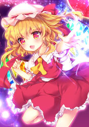Rule 34 | 1girl, ascot, back bow, blonde hair, bow, breasts, collared shirt, cowboy shot, crystal, enjoy mix, fang, flandre scarlet, frilled shirt collar, frills, glowing, glowing wings, hat, hat bow, hat ribbon, large bow, leg up, long neck, looking at viewer, medium hair, mob cap, multicolored wings, open mouth, outstretched arms, outstretched hand, puffy short sleeves, puffy sleeves, purple background, red bow, red eyes, red ribbon, red skirt, red vest, reitaisai, ribbon, shirt, short sleeves, skirt, skirt set, small breasts, solo, touhou, vest, white bow, white hat, white shirt, wings, yellow ascot