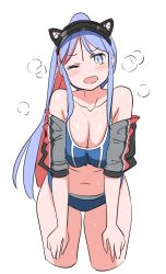 Rule 34 | 1girl, animal ears, bikini, blue bikini, blue hair, breasts, cat ears, cleavage, colored inner hair, cropped legs, hands on own thighs, jacket, kantai collection, large breasts, looking at viewer, multicolored clothes, multicolored hair, multicolored jacket, official alternate costume, one eye closed, ponytail, red hair, simple background, solo, south dakota (kancolle), sports bikini, swimsuit, tamu (mad works), visor cap, white background