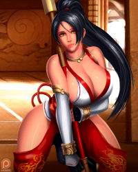 Rule 34 | 1girl, black hair, breasts, cleavage, dead or alive, female focus, huge breasts, long hair, momiji (ninja gaiden), ninja gaiden, ninja gaiden: dragon sword, ponytail, scarf, smile, solo, svoidist, weapon
