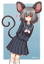 Rule 34 | 1girl, animal ears, black skirt, blush, closed mouth, feet out of frame, grey hair, hair between eyes, highres, long sleeves, mouse ears, mouse tail, nazrin, pleated skirt, red eyes, school uniform, shitacemayo, short hair, skirt, smile, socks, solo, tail, touhou, twitter username, white socks