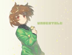 Rule 34 | 1other, androgynous, bad id, bad pixiv id, blush, brown background, brown hair, chara (undertale), closed mouth, colored eyelashes, copyright name, dutch angle, gradient background, green sweater, heart, heart necklace, jewelry, long sleeves, looking at viewer, necklace, oshiruko (tsume), pendant, petals, red eyes, short hair, smile, sweater, turtleneck, undertale