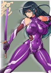 Rule 34 | 1girl, afterimage, bare shoulders, black hair, blue eyes, bodysuit, breasts, covered erect nipples, covered navel, elbow gloves, fishnet gloves, fishnets, gloves, holding, holding sword, holding weapon, igawa asagi, lilith-soft, long hair, neone, solo, sword, taimanin (series), taimanin asagi, weapon