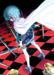 Rule 34 | 10s, 1girl, aozora market, blue eyes, blue hair, cape, checkered floor, different reflection, field of blades, floor, gloves, glowing, hair ornament, hairclip, looking back, magical girl, mahou shoujo madoka magica, mahou shoujo madoka magica (anime), matching hair/eyes, miki sayaka, oktavia von seckendorff, planted, planted sword, planted weapon, reflection, short hair, solo, spoilers, sword, thighhighs, weapon, zettai ryouiki
