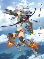 Rule 34 | 10s, 1girl, arrow (projectile), blue eyes, bow (weapon), cloud, cloudy sky, crossover, day, drawing bow, grey hair, highres, holding bow (weapon), kantai collection, laser sight, marvel, mecha musume, original, rocket boots, sky, solo, weapon, yosatorn chamachoti