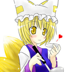 Rule 34 | 1girl, :3, animal ears, blonde hair, blush, female focus, fox, fox ears, fox tail, game, lowres, multiple tails, short hair, simple background, solo, tail, touhou, upper body, white background, yakumo ran, yellow eyes