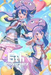 Rule 34 | 2girls, absurdres, ahoge, anniversary, arm guards, armband, balloon, belt, black belt, black footwear, black gloves, black jacket, blue eyes, blue hair, blue headwear, blue sky, buttons, chain, closed mouth, collared shirt, confetti, dual persona, english text, facial mark, fishnet thighhighs, fishnets, frilled skirt, frills, gloves, heart balloon, highres, jacket, kneehighs, layered skirt, legwear garter, long hair, long sleeves, low twintails, multiple girls, musical note, necktie, off shoulder, ok sign, open clothes, open jacket, open mouth, orange trim, otomachi una, otomachi una (spicy), otomachi una (sugar), outdoors, partially fingerless gloves, pink skirt, pink thighhighs, pink trim, red necktie, sailor collar, shirt, short sleeves, single thighhigh, skirt, sky, sleeves past elbows, socks, striped clothes, striped thighhighs, suiso sn3, teeth, thighhighs, twintails, upper teeth only, v-shaped eyebrows, vocaloid, white sailor collar, white skirt, white socks, white thighhighs