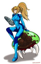 Rule 34 | 1girl, arm cannon, blonde hair, blue eyes, breasts, glowing, gun, highres, johncaden, long hair, looking at viewer, metroid, metroid (creature), mole, mole under mouth, nintendo, ponytail, samus aran, simple background, solo, weapon
