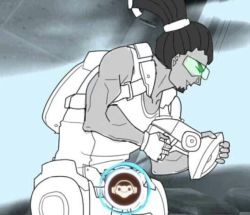 Rule 34 | 1boy, beard, dark-skinned male, dark skin, facial hair, flat color, glasses, long hair, lucio (overwatch), male focus, olympus guardian, outdoors, overwatch, overwatch 1, parody, partially colored, ponytail, sky, solo