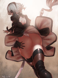 Rule 34 | 1girl, artist name, ass, black gloves, black thighhighs, blindfold, gloves, hairband, hamushima, looking to the side, nier (series), nier:automata, short hair, signature, solo, thighhighs, thighs, two-sided fabric, two-sided skirt, upskirt, white hair, 2b (nier:automata)
