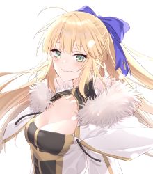 Rule 34 | 1girl, ahoge, artoria caster (fate), artoria caster (third ascension) (fate), artoria pendragon (fate), blonde hair, blue bow, blush, bow, breasts, capelet, cleavage, collarbone, dress, facial mark, fate/grand order, fate (series), forehead mark, fur-trimmed capelet, fur trim, green eyes, hair bow, highres, long hair, long sleeves, looking at viewer, medium breasts, pttyr, smile, solo, twintails, white capelet, white dress