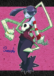Rule 34 | 1girl, bare shoulders, blue hair, blue skin, bone, character name, chichibu (watson), colored skin, commentary request, detached collar, detached sleeves, dress, full body, hair over one eye, half-closed eye, highres, leviathan (skullgirls), light frown, long hair, long skirt, looking at viewer, object through head, partial commentary, pink background, red dress, red eyes, red sleeves, side ponytail, simple background, skeletal hand, skirt, skull, skullgirls, solo, squigly (skullgirls), standing, stitched mouth, stitches, striped sleeves, white sleeves, yellow eyes, zombie