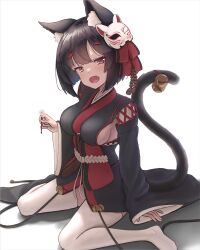 Rule 34 | 1girl, :d, animal ears, azur lane, bell, black hair, black kimono, blush, breasts, cat ears, cat girl, cat mask, cat tail, coariouse, commentary request, detached sleeves, ear down, fang, from above, full body, hair between eyes, hair ribbon, highres, japanese clothes, kimono, long sleeves, looking at viewer, looking up, mask, mask on head, medium breasts, medium hair, open mouth, pink eyes, red ribbon, ribbon, sideboob, sideboob cutout, sitting, smile, solo, tail, tail bell, tail ornament, thighhighs, wide sleeves, yamashiro (azur lane)