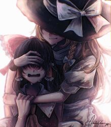 2girls absurdres annin_cha apron ascot bad_id bad_twitter_id black_hair black_hat black_vest blonde_hair blue_ascot bow braid buttons collared_shirt covered_eyes crying detached_sleeves frilled_bow frilled_hair_tubes frilled_shirt_collar frills hair_bow hair_tubes hakurei_reimu hat hat_bow hat_ribbon highres hug kirisame_marisa long_hair medium_hair multiple_girls puffy_short_sleeves puffy_sleeves red_bow red_shirt red_vest ribbon shirt short_sleeves single_braid sleeveless sleeveless_shirt touhou turtleneck upper_body vest waist_apron white_apron white_bow white_ribbon white_shirt white_sleeves witch_hat yellow_ascot