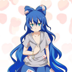 Rule 34 | 1girl, bangle, blue bow, blue eyes, blue hair, blue skirt, bow, bracelet, cato (monocatienus), collar tug, collarbone, commentary, drawstring, flat chest, grey hoodie, hair between eyes, hair bow, heart, heart background, hood, hood down, hoodie, jewelry, long hair, looking at viewer, ofuda, open mouth, short sleeves, skirt, solo, touhou, very long hair, wavy hair, yorigami shion