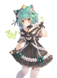 Rule 34 | 1girl, animal ear fluff, animal ears, bare shoulders, black dress, blush, cat ears, chain, closed mouth, collarbone, dress, ear piercing, frilled dress, frilled thighhighs, frills, garter straps, green hair, hair between eyes, hand up, hololive, long hair, looking at viewer, low twintails, off-shoulder dress, off shoulder, piercing, red eyes, rento (rukeai), short twintails, simple background, skirt hold, solo, star (symbol), thighhighs, twintails, uruha rushia, uruha rushia (3rd costume), virtual youtuber, white background, white thighhighs, wrist cuffs