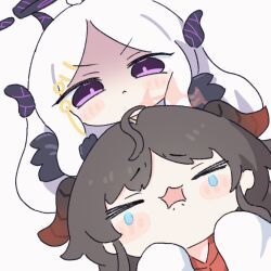 Rule 34 | 2girls, :&lt;, ahoge, animated, animated gif, black gloves, black hair, black horns, blue archive, blush, closed eyes, closed mouth, commentary request, crying, demon girl, demon horns, gloves, halo, hina (blue archive), horns, kasumi (blue archive), long hair, multiple girls, multiple horns, open mouth, purple eyes, purple halo, red halo, red shirt, shaded face, shirt, simple background, tears, umihio, white background, white hair