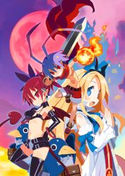 Rule 34 | 1boy, 2girls, absurdres, angel wings, antenna hair, black gloves, black legwear, blonde hair, blue eyes, blue hair, bracelet, castle, choker, demon boy, demon girl, demon tail, demon wings, detached sleeves, disgaea, earrings, elbow gloves, etna (disgaea), fire, flat chest, flonne, gloves, grin, hairband, hand on own hip, harada takehito, highres, holding, holding sword, holding weapon, jewelry, laharl, long hair, long sleeves, looking at viewer, moon, multiple girls, navel, o-ring, o-ring choker, official art, open mouth, own hands together, pointy ears, praying, prinny, red eyes, red hair, red moon, scarf, shorts, skull earrings, slit pupils, smile, spaghetti strap, sword, tail, thighhighs, topless male, twintails, weapon, wings