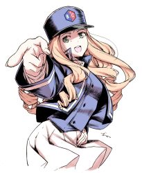 Rule 34 | 1girl, bad id, bad twitter id, bc freedom (emblem), bc freedom military uniform, blonde hair, blue jacket, blue vest, emblem, girls und panzer, green eyes, hand up, hat, highres, jacket, long hair, looking to the side, marie (girls und panzer), oono tsutomu, open mouth, pleated skirt, pointing, shako cap, signature, simple background, skirt, smile, solo, standing, teeth, tongue, vest, white background, white skirt