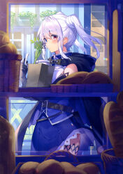 Rule 34 | 1girl, absurdres, bag, baguette, basket, black cape, blue corset, blue dress, blue eyes, blurry, blush, bread, bread bun, cape, ciel sacred, corset, cowboy shot, day, depth of field, dress, food, hair ornament, heterochromia, highres, holding, holding bag, holding paper, light particles, long hair, looking at viewer, mishima kurone, non-web source, original, paper, parted lips, plant, potted plant, red eyes, scan, sidelocks, sideways glance, single bare shoulder, sleeveless, sleeveless dress, solo, spring onion, standing, sunlight, thighlet, twintails, white hair, window, x hair ornament