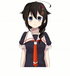 Rule 34 | 10s, 1girl, :d, ahoge, animated, animated gif, bad id, bad pixiv id, black hair, blue eyes, bouncing breasts, braid, breasts, emofuri, closed eyes, hair over shoulder, head tilt, kantai collection, looking at viewer, medium breasts, necktie, open mouth, sailor collar, school uniform, shigure (kancolle), single braid, smile, solo, ugoira, upper body, white background, yukichi (eikichi)