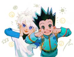 Rule 34 | 2boys, arcobale 6, blue eyes, cheek bulge, cheek pull, cheek squash, child, commentary, expressions, gon freecss, grimace, hunter x hunter, killua zoldyck, long sleeves, making faces, male focus, mouth pull, multiple boys, shirt, short hair, symbol-only commentary, teeth, white hair, white shirt