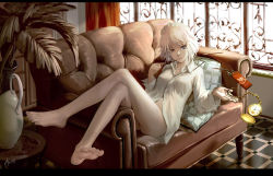 Rule 34 | 1girl, as109, bad id, bad pixiv id, barefoot, blue eyes, bottomless, braid, breasts, collaboration, couch, covered erect nipples, dress shirt, feet, female focus, food, izayoi sakuya, legs, crossed legs, lips, long legs, lying, maid headdress, mundane utility, no panties, partially visible vulva, pillow, plant, pocky, shirt, short hair, signature, silver hair, sitting, small breasts, soles, solo, time stop, toes, touhou, twin braids, vase, watch, wristwatch