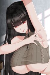 Rule 34 | 1girl, absurdres, arm up, armpits, bare arms, bare shoulders, black hair, blunt bangs, breasts, brown shirt, cable knit, closed mouth, commission, crop top, hair intakes, highres, large breasts, leaning forward, long hair, looking at viewer, no bra, original, qureniim, red eyes, ribbed shirt, shirt, sleeveless, sleeveless shirt, smile, solo, spread armpit, tongue, tongue out, underboob, upper body, very long hair