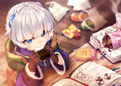 Rule 34 | 1girl, bag, bag of chips, blue eyes, blunt bangs, blurry, blush, book, bottle, bread, brown gloves, chair, chopsticks, cookie, cup ramen, depth of field, doughnut, eating, food, food on face, gloves, hair ornament, highres, holding, holding food, hyanna-natsu, icing, indoors, long sleeves, melon bread, meteora osterreich, onigiri, open book, re:creators, rice, robe, shopping bag, short hair, silver hair, sitting, solo, steam, table, upper body, wooden floor