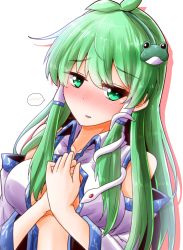 Rule 34 | 1girl, ahoge, blush, breasts, embarrassed, frog hair ornament, green eyes, green hair, hair ornament, hair tubes, highres, kochiya sanae, large breasts, long hair, looking at viewer, open clothes, open shirt, oshiaki, sidelocks, snake hair ornament, solo, spoken blush, touhou, undressing, white background