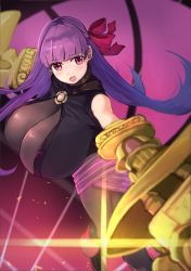 Rule 34 | 10s, 1girl, bare shoulders, black pantyhose, blunt bangs, blush, bodysuit, bow, breasts, claws, cleavage, fate/extra, fate/extra ccc, fate/grand order, fate (series), gigantic breasts, gloves, greyscale, hsin, long hair, monochrome, open mouth, pantyhose, passionlip (fate), pink eyes, purple background, purple hair, ribbon, simple background, solo, thighhighs, very long hair