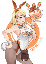 Rule 34 | 1girl, animal collar, animal ears, asymmetrical bangs, blonde hair, brand name imitation, breasts, brown eyes, brown hair, bunny ayumi, bunny ayumi (vtuber), butcha-u, cake, carrot, carrot cake, character name, cleavage, collar, cowboy shot, delightfully fuckable and unrefined!!, earrings, employee uniform, fake animal ears, fake tail, food, hand on own hip, happy birthday, highleg, highleg leotard, highres, hooters, indie virtual youtuber, jewelry, large breasts, leotard, looking at viewer, medium hair, name tag, orange collar, orange panties, panties, panties over pantyhose, pantyhose, playboy bunny, pouch, rabbit ears, rabbit tail, real life, sideboob, solo, standing, strap gap, tail, thick eyebrows, underwear, uniform, virtual youtuber, waitress, white leotard, wig, wrist cuffs
