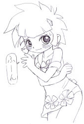 Rule 34 | 00s, 1girl, artist request, blunt bangs, blush, cowboy shot, crossed arms, dress, greyscale, looking at viewer, matsubara kaoru, monochrome, powered buttercup, powerpuff girls, powerpuff girls z, short dress, short hair, short sleeves, simple background, solo, standing, thighs, translation request, white background