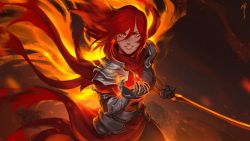 Rule 34 | 1girl, armor, breasts, commission, cowboy shot, fire, hair between eyes, highres, holding, holding sword, holding weapon, less, looking at viewer, orange eyes, original, parted lips, red hair, solo, sword, teeth, weapon