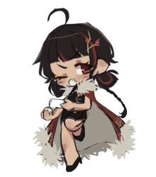Rule 34 | 1girl, ahoge, baozi, black dress, black footwear, braid, branch, brown hair, chibi, china dress, chinese clothes, coat, coat on shoulders, double bun, dress, flower, food, fur-trimmed coat, fur trim, hair branch, hair bun, hair flower, hair ornament, high heels, holding, holding food, looking at viewer, multicolored hair, original, project moon, red coat, red eyes, red flower, red hair, saccharhythm, shoes, solo, streaked hair, twin braids