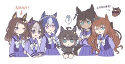 Rule 34 | 6+girls, ?, aged down, ahoge, aqua eyes, bar censor, blue eyes, blue hair, bow, bowtie, braid, brown bow, brown hair, censored, cesario (umamusume), chinese commentary, chinese text, commentary, creature and personification, crown braid, daring heart (umamusume), daring tact (racehorse), daring tact (umamusume), dark-skinned female, dark skin, ear bow, ear covers, ear ornament, earrings, epiphaneia (racehorse), eyes visible through hair, green bow, hair between eyes, hair bow, highres, horse, horse girl, identity censor, jewelry, light brown hair, long hair, long sleeves, maruzensky (umamusume), mixed-language commentary, multicolored hair, multiple girls, one eye closed, pleated skirt, purple bow, purple eyes, purple hair, purple sailor collar, purple shirt, purple skirt, sailor collar, sailor shirt, shirt, short hair, single ear cover, single earring, skirt, special week (umamusume), spoken question mark, stuffed toy, symboli kris s (umamusume), translated, two-tone hair, umamusume, upper body, wavy hair, white bow, white bowtie, xingling 0225