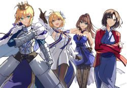 Rule 34 | 4girls, ahoge, aozaki aoko, arcueid brunestud, armor, armored dress, artoria pendragon (all), artoria pendragon (fate), bare shoulders, black gloves, black pantyhose, blonde hair, blue cape, blue dress, blue eyes, blue kimono, blue ribbon, blue skirt, blush, braid, breastplate, breasts, brown hair, brown pantyhose, cape, carimarica, cleavage, collarbone, crossed arms, crown, detached sleeves, dress, fate/grand order, fate/stay night, fate (series), faulds, flower, french braid, fur-trimmed cape, fur trim, gauntlets, gloves, green eyes, grey eyes, hair bun, hair flower, hair intakes, hair ornament, hair ribbon, high ponytail, jacket, japanese clothes, juliet sleeves, kara no kyoukai, kimono, large breasts, long hair, long skirt, long sleeves, looking at viewer, mahou tsukai no yoru, medium breasts, multicolored clothes, multicolored skirt, multiple girls, open mouth, pantyhose, parted bangs, ponytail, puffy sleeves, red eyes, red jacket, ribbon, ryougi shiki, saber (fate), sash, short hair, sidelocks, skirt, smile, thighs, tsukihime, white dress, white skirt