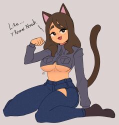 Rule 34 | 1girl, :3, absurdres, animal ears, black eyes, blue pants, borrowed character, breasts, brown hair, cat ears, cat tail, clenched hand, collared shirt, crop top, dark-skinned female, dark skin, doce, female focus, full body, grey background, grey shirt, half-closed eyes, highres, large breasts, long hair, looking at viewer, midriff, open mouth, original, pants, ripped jeans, shirt, simple background, sitting, solo, speech bubble, tail, underboob, wariza