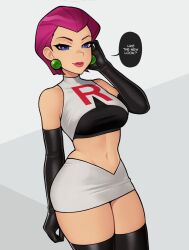 Rule 34 | 1girl, alternate hair length, alternate hairstyle, bare shoulders, black gloves, black thighhighs, closed mouth, cowboy shot, creatures (company), crop top, earrings, elbow gloves, english text, game freak, gloves, hair slicked back, hand to head, highres, jessie (pokemon), jewelry, lips, lipstick, loodncrood, looking at viewer, makeup, microskirt, midriff, navel, nintendo, pink hair, pokemon, pokemon (anime), purple eyes, red lips, shirt, short hair, single letter, skirt, sleeveless, sleeveless shirt, solo, speech bubble, standing, team rocket, team rocket uniform, thighhighs, thighs, white skirt