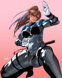 Rule 34 | 1girl, arm guards, blood, blood on face, blue ribbon, bodysuit, bowalia, breasts, brown eyes, brown hair, clenched teeth, dead or alive, dead or alive 6, fighting stance, gloves, grey bodysuit, hair ribbon, high ponytail, kasumi (doa), ninja, ponytail, ribbon, sheath, skin tight, solo, squatting, teeth, white gloves
