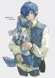 Rule 34 | 1boy, absurdres, alternate costume, animal, bag, black bag, blue eyes, blue hair, blue sweater vest, character name, clothed animal, collared shirt, cropped legs, digital media player, dog, drinking straw, grey pants, hair over one eye, headphones, highres, holding, holding animal, holding dog, holding leash, jack frost (megami tensei), koromaru (persona), leash, long sleeves, looking at viewer, male focus, ooc (sylyaoh), pants, parted lips, persona, persona 3, shirt, short hair, simple background, sleeves past wrists, sweater vest, white background, white shirt, wing collar, yellow headphones, yuuki makoto (persona 3)