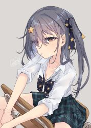 Rule 34 | 1girl, alakoala, alternate costume, black bow, black bowtie, black hair, bow, bowtie, brown eyes, candy, chair, collared shirt, dated, food, grey background, hair between eyes, hair ornament, hair ribbon, highres, kantai collection, lollipop, long hair, looking at viewer, mouth hold, plaid, pleated skirt, ribbon, scamp (kancolle), school chair, school uniform, shirt, signature, skirt, solo, spread legs, star (symbol), star hair ornament, star print, white shirt