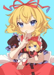 Rule 34 | 2girls, absurdres, black shirt, blonde hair, blue background, blue eyes, blush, closed mouth, e sdss, fingernails, frilled sleeves, frills, hair between eyes, hair ribbon, highres, looking at viewer, medicine melancholy, multiple girls, red ribbon, red skirt, ribbon, shirt, short hair, short sleeves, simple background, skirt, su-san, touhou, upper body